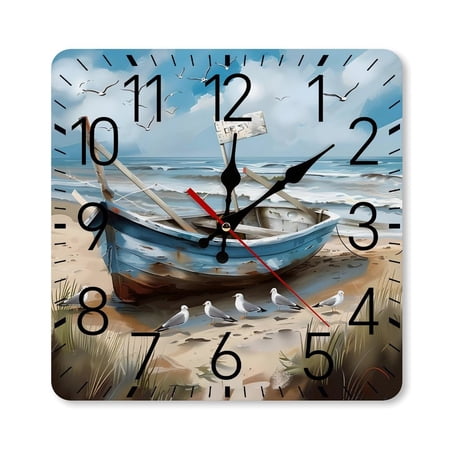 RKSupls 10×10inch Square Silent Wall Clock Wooden Frame, Seagulls Weathered Boat Beach Grass Scale Decorative Clock for Home Bedroom Living Room Office