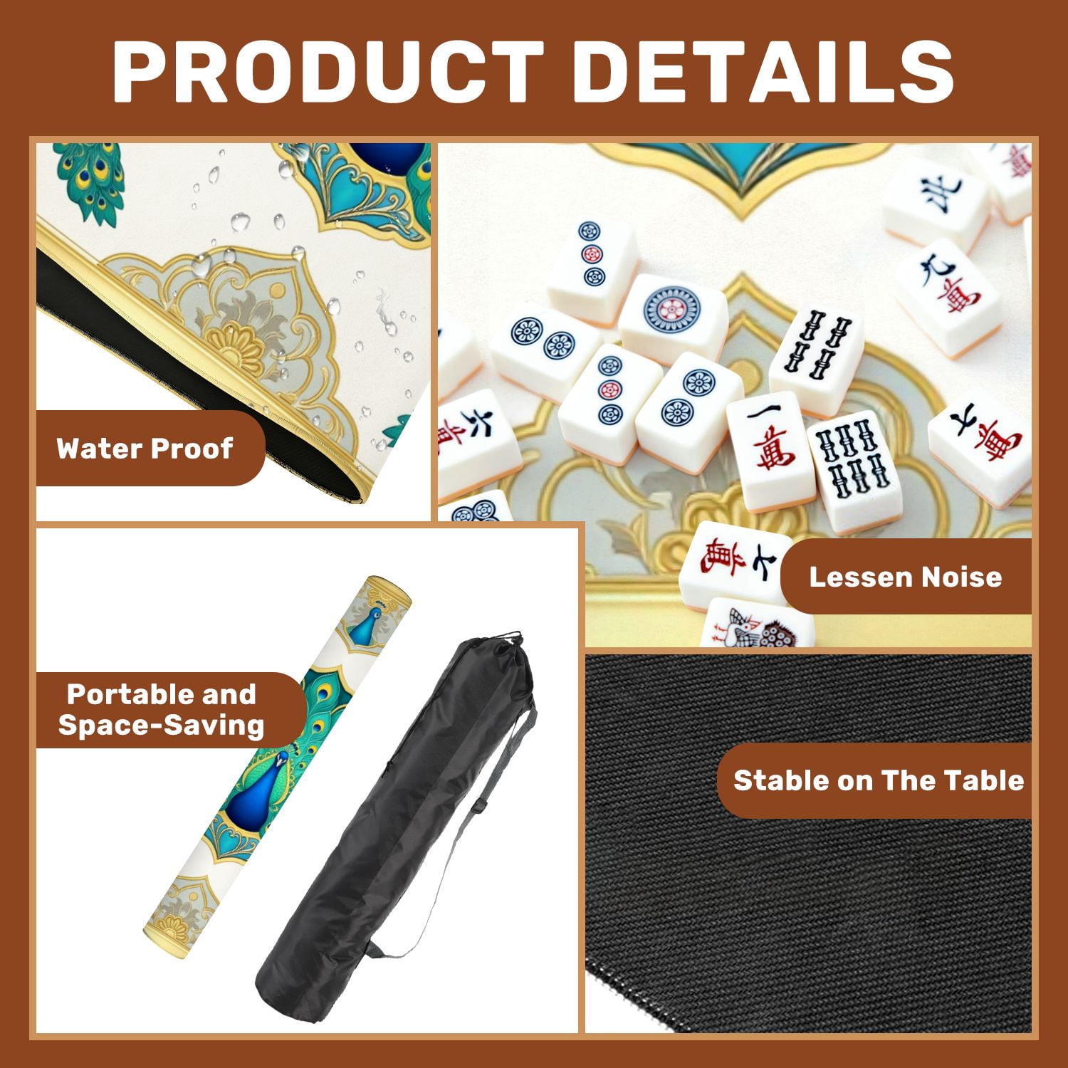 Mahjong Mat 31.5" x 31.5" Peacock Vibrant Blue Green Feathers Elegant Floral Non-Slip Noise Reduction American Mahjong Tiles Table Cover for Dominoes Poker Card Board Games Gift