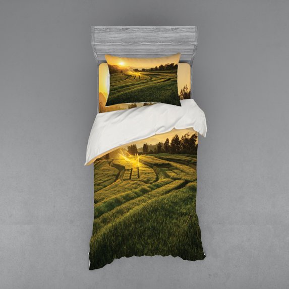 Country Duvet Cover Set, Barley Field Sunset Samoeng Chiang Mai Thailand Nature Countryside Picture, Bedding Set with Shams and Fitted Sheet, 3 Sizes, by Ambesonne
