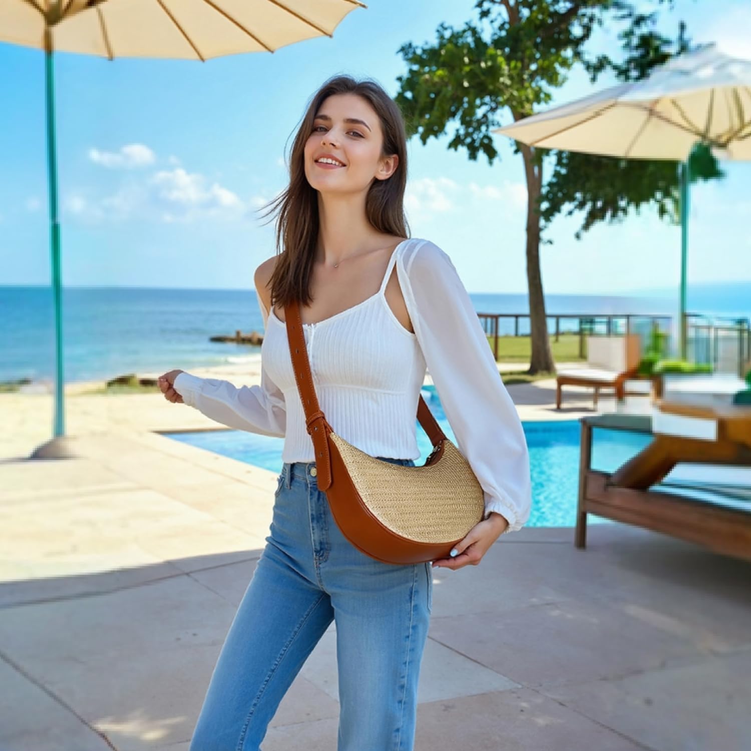 CAILDANL Straw Crossbody Bag for Women Beach Woven Hobo Handbag Summer Chic Crescent Shoulder Purses with Adjustable Strap