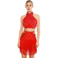 thumbnail image 3 of Sholeno Women's Latin Dance Outfits Fringe Swing Skirt with Crop Top Salsa Ballroom Dancing Clothes Red M, 3 of 5