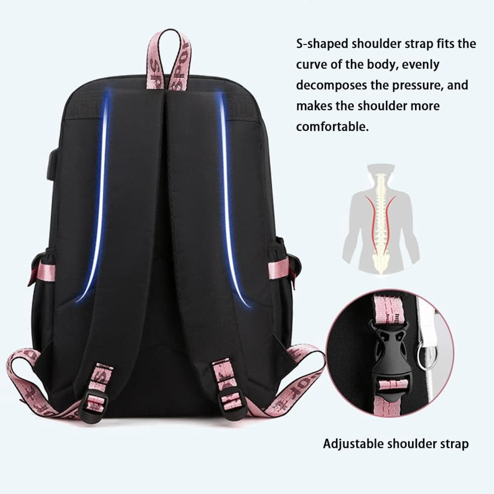 Cute Black Pink Backpack with USB Port, Fashion Laptop Backpack for Women, Large Capacity Travel Bookbag with Multiple Pockets, Water Resistant Casual Daypack for College and Work