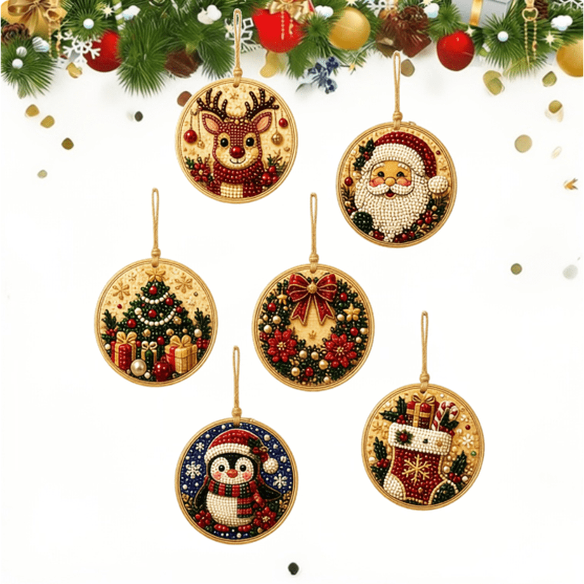6 Pcs DIY Christmas Diamond Art Painting Hanging Ornaments Kit Xmas Tree Pendant Set Easy To Make Handicraft Gift for Family Holiday Activity D Style
