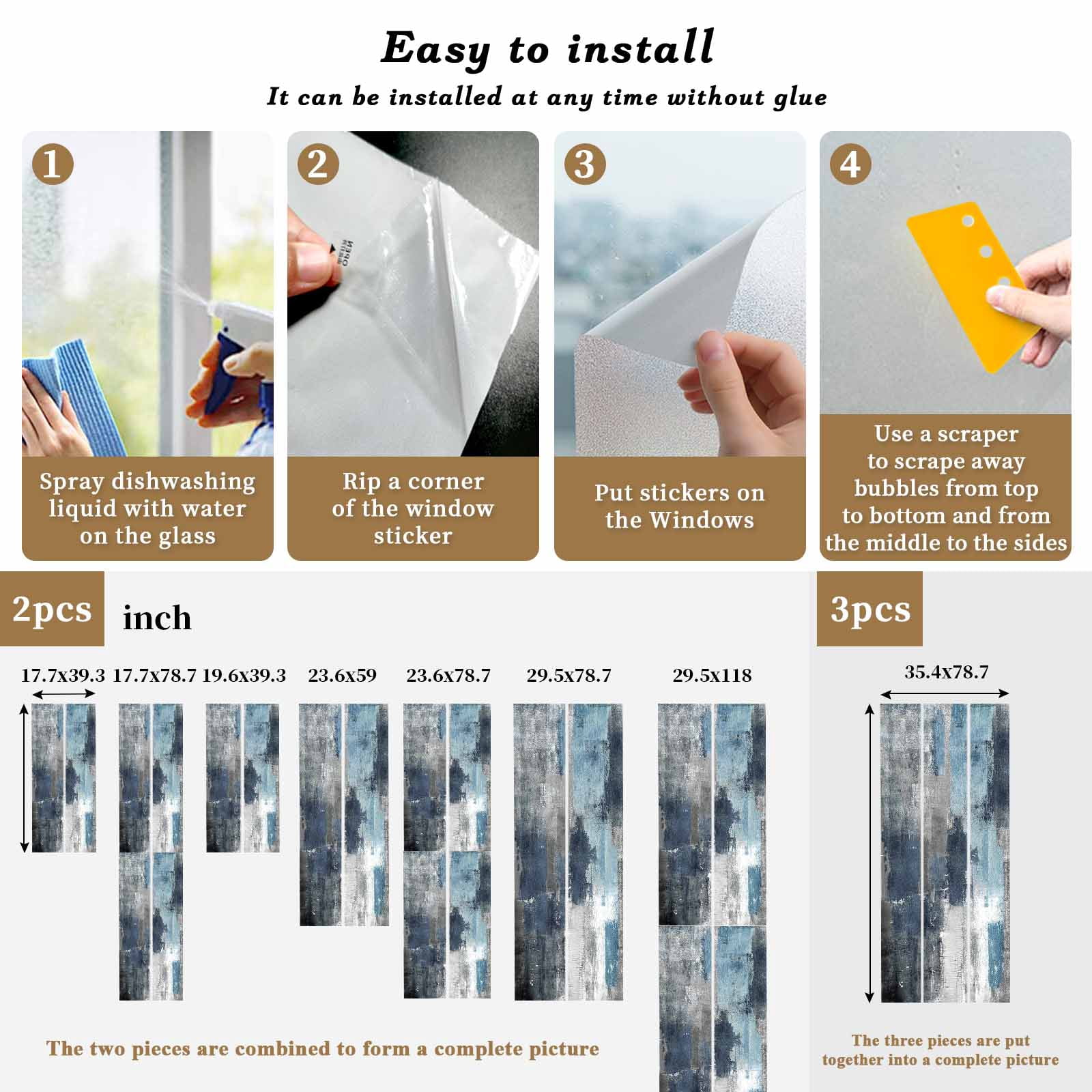 Navy Blue Grey Privacy Window Film, Decorative Frosted Glass Window Film, Modern Oil Painted Abstract Art Aesthetics Reusable Peel and Stick Static Cling for Home Bathroom Office Glass Door 23.6"x59"