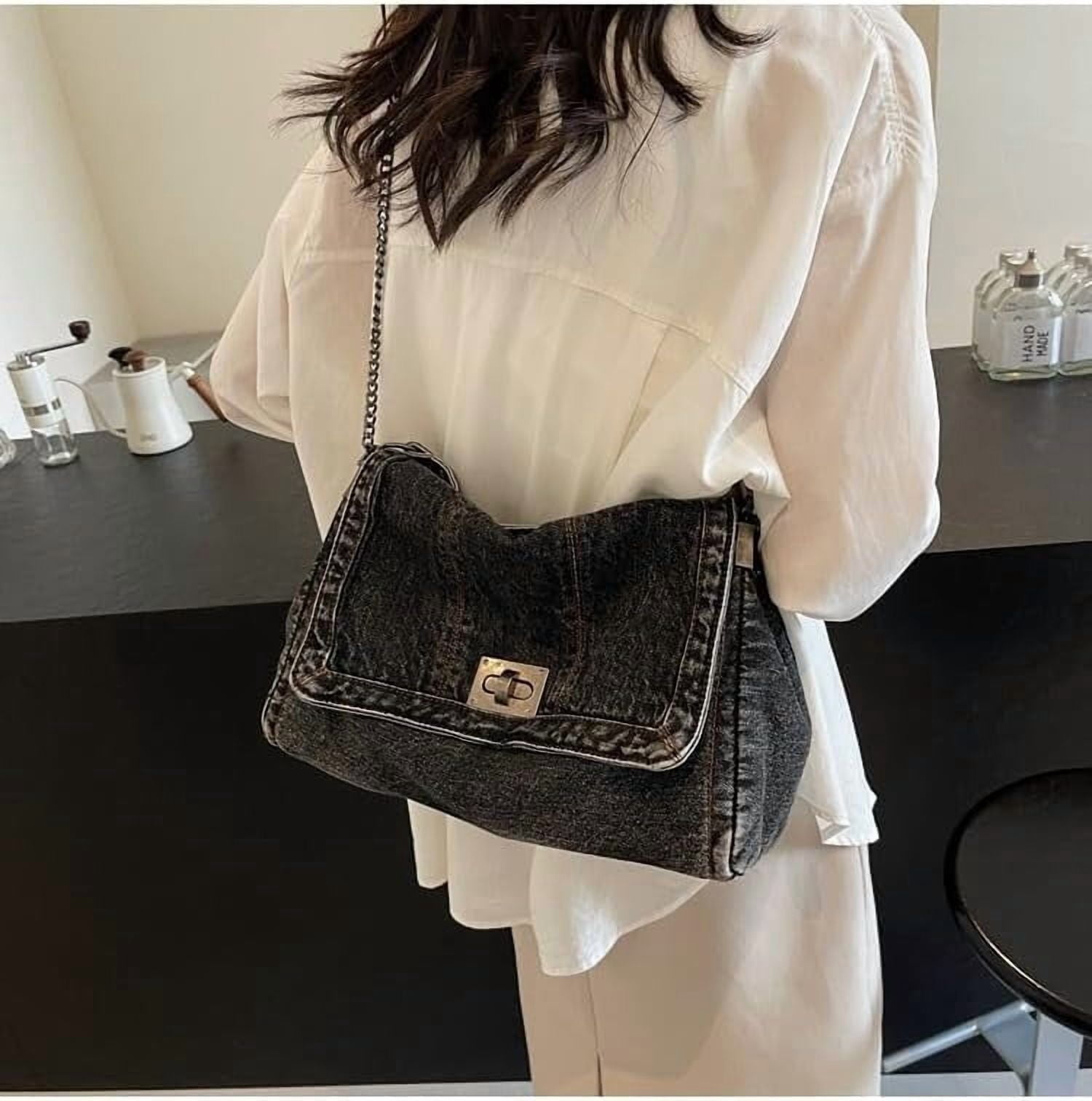 2026 Women's Casual Retro Denim Tote Bag, Lightweight Quilted Crossbody Purse with Chain Strap