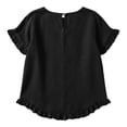 thumbnail image 7 of Danhjin Black Linen Half Sleeve Shirts For Women Round Neck Solid Color Tops Summer Shirts Ruffle Pleated Hem Casual Comfy Daily Basic Tops, 7 of 7