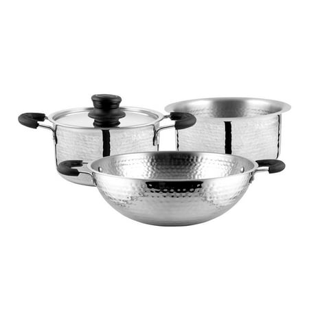 Stainless Steel Light Weight Hammered Cookware Set Of 3 Pieces, Silver | 1 Kadhai+ 1 Patila+ 1 Casserole