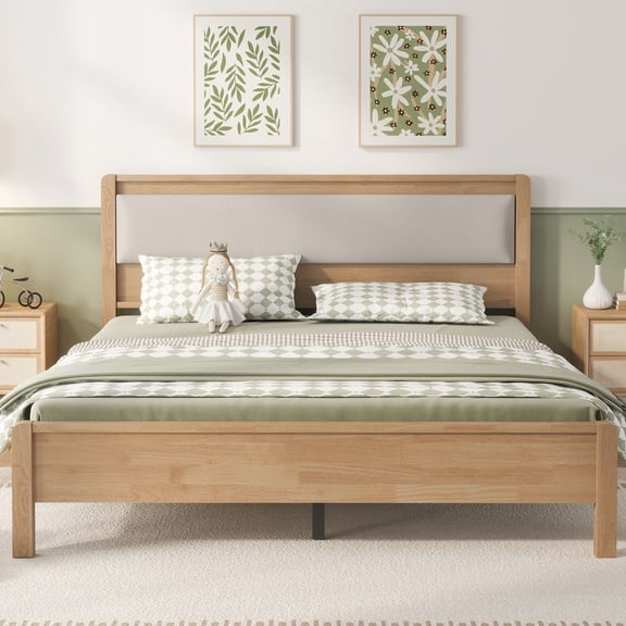 Vanress Queen Size Bed Frame with Upholstered Headboard, Modern Wood Platform Bed Frame, Heavy Duty Support, No Box Spring Needed, Easy Assembly, Natural