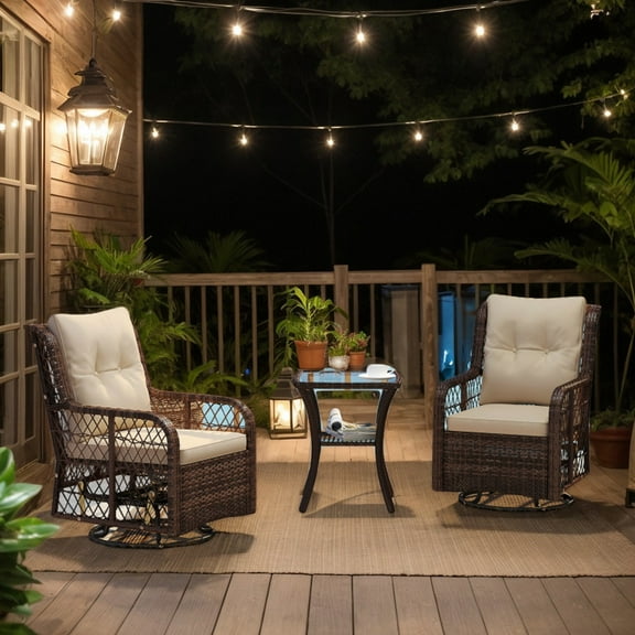 Spaco 3 Pieces Patio Furniture Set with 2-Tier Side Table and Cushions, PE Wicker Swivel Glider Chairs for Patio, Garden, Backyard, Brown