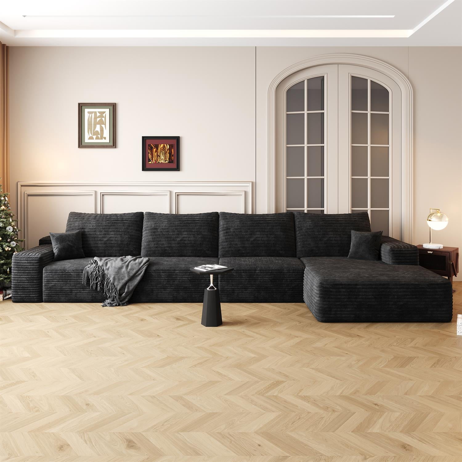 Demi Bonn 135" L-Shaped Cloud Sectional Sofa with Chaise, Modern Deep Seat Modular Couch for Living Room/Bedroom, No Assembly Needed, Black