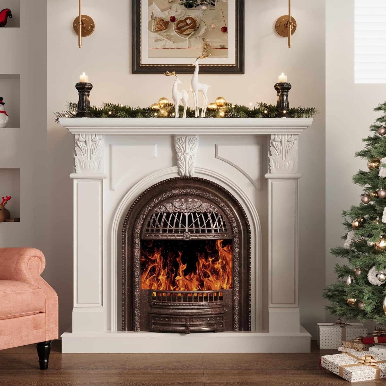 BOSHIRO Electric Fireplace with Mantel, 48 Inch Fireplace Tv Stand with Birdcage Fireplace Heater for Bedroom, Entryway Decor