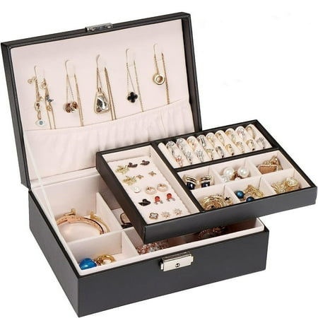 LEEYNEER Jewelry Box for Women Girls Gift Travel Jewelry Organizer Large 2 Layer with Removable Tray PU Leather Velvet Display Jewellery Holder with Lock for Necklace Earrings Rings Bra