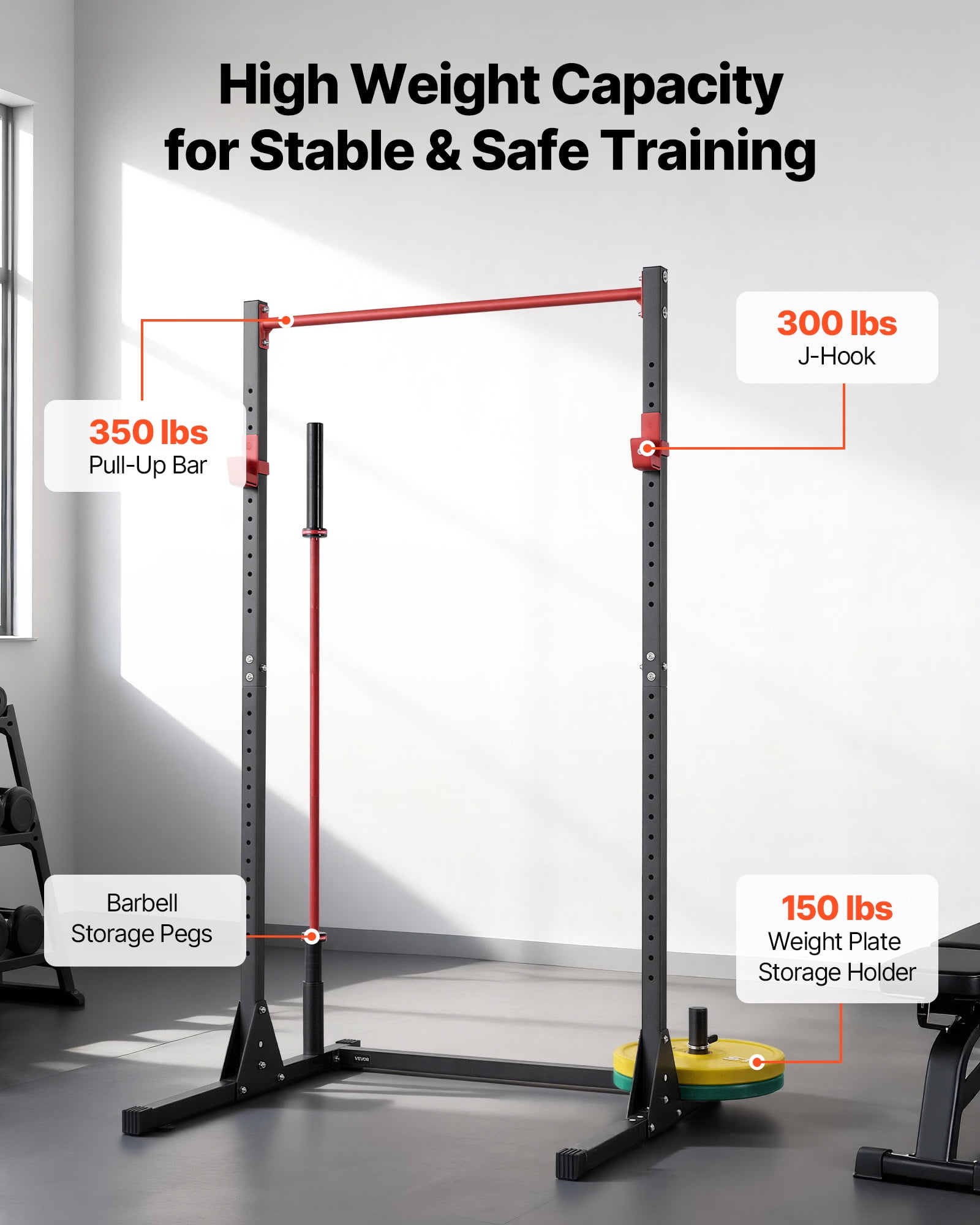 VEVOR Power Cage Squat Rack, Multifunctional Power Rack Bench Press Equipment with 28-Level Adjustable J-Hooks, 800LBS Strength Training Workout Home Gym for Barbell Squats, Pull-Up, Weight Lifting