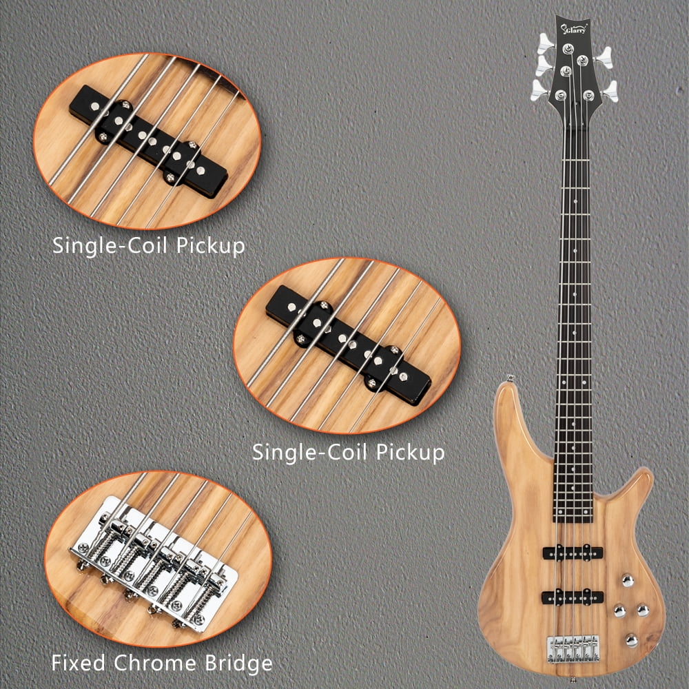 Tcbosik 5 String Electric Bass Guitar with Bag, Strap, Pick and Wrench Tool, Beginner Set for Adults, Natural