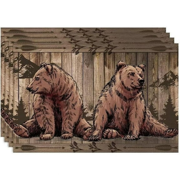 Rustic Lodge Bears Placemats Set of 4, Vintage Cabin Pine Tree Wooden Board Place Mats, Heat Resistant Non Slip Cotton Linen Dining Table Mats for Home Party Kitchen 18x12 Inch