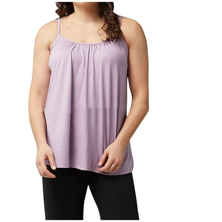 Tmtolofot Built In Bra Tank Tops for Women Lightweight Comfy Summer Beach Camisole Basic Solid Color Vest Shirring Hem Loose Shirts 2024 Shelf Bra Padded Shirt 1_Purple 3X-Large