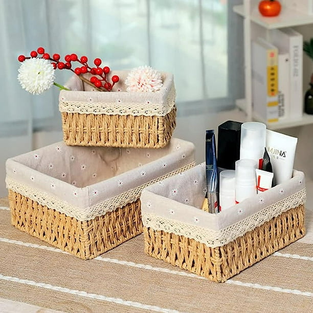 Set De 3 Cestas De Almacenamiento De Paja - Para Baño, Dormitorio O Sala (blanco, 22x17x11 Cm)