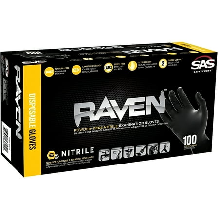 SAS Safety 66518 100-Piece Raven 6 mil Powder-Free Nitrile Gloves Set - Large, Black