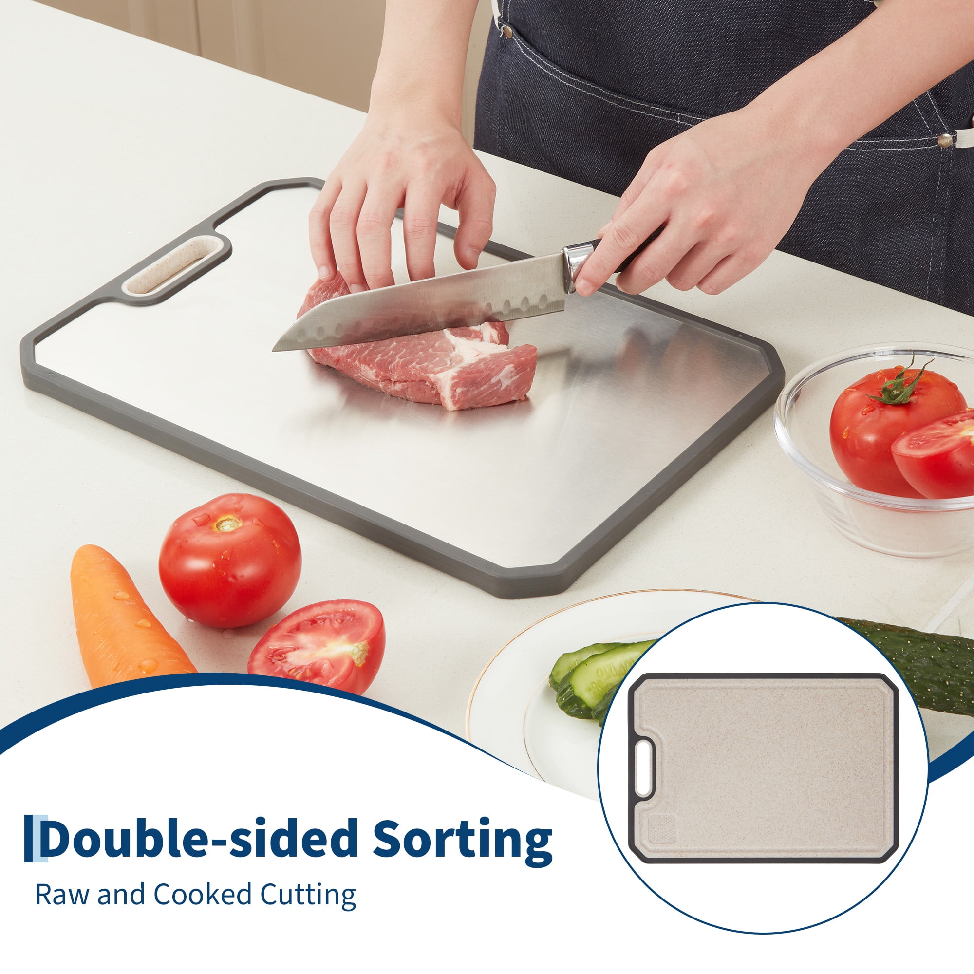 Double-Sided 304 Stainless Steel & Titanium Cutting Board with Deep Juice Groove & Built-in Handles, Easy to Clean Chopping Board, for Kitchen – 15x10 Inch