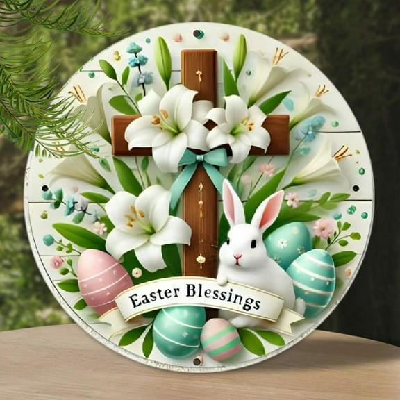 Easter Blessings" Vintage Round Metal Sign - 8x8 Inch, Spring Wreath & Bunny Design with Cross and Colorful Eggs, Waterproof Wall Decor for Home, Cafe, Bar, Kitchen, Garden, Perfect for Room Decor