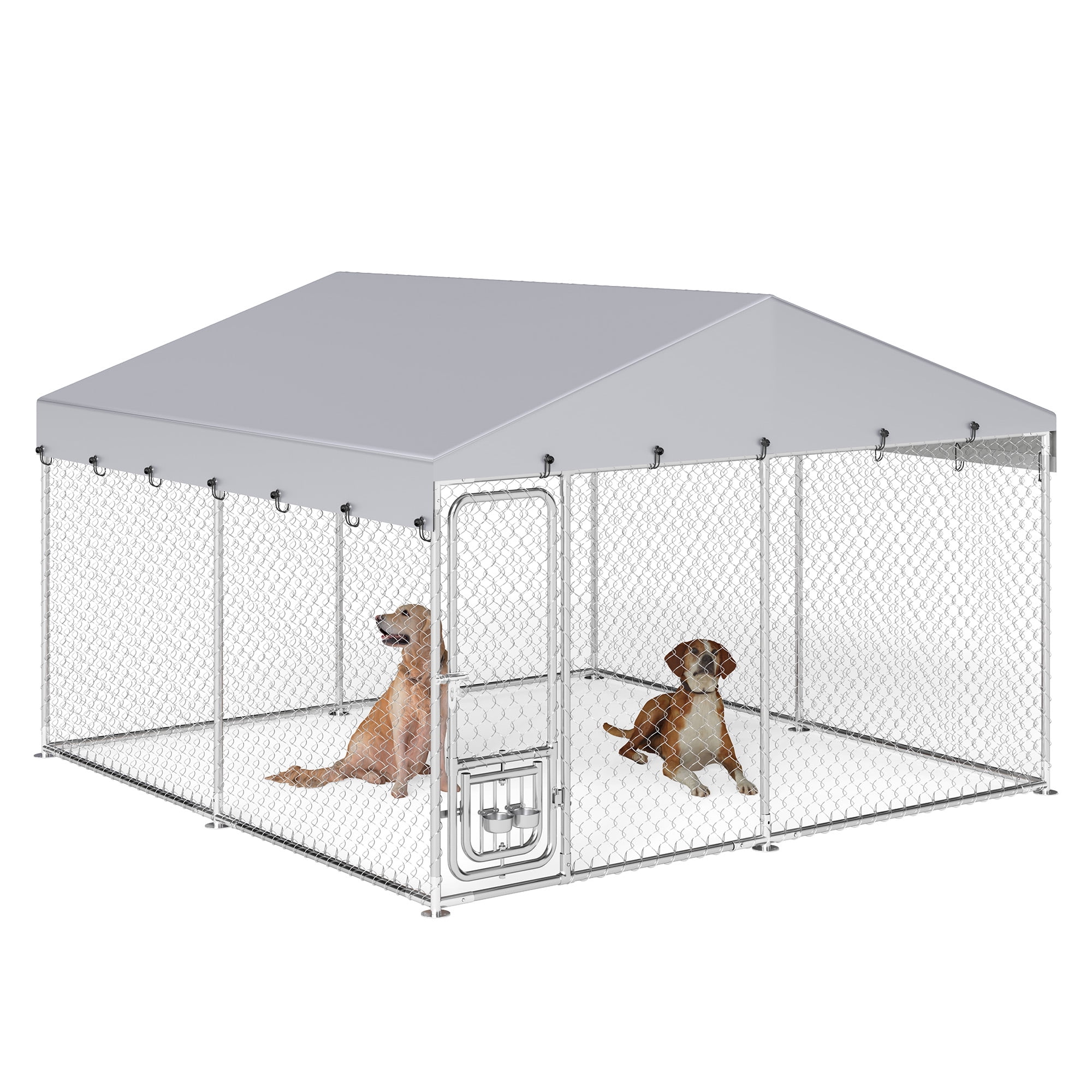 Uforic 10'x10' Large Outdoor Dog Kennel with Rotating Feeder Bowls, Outdoor Dog Enclosure with Roof, Heavy Duty Dog Kennel for Backyard Farm