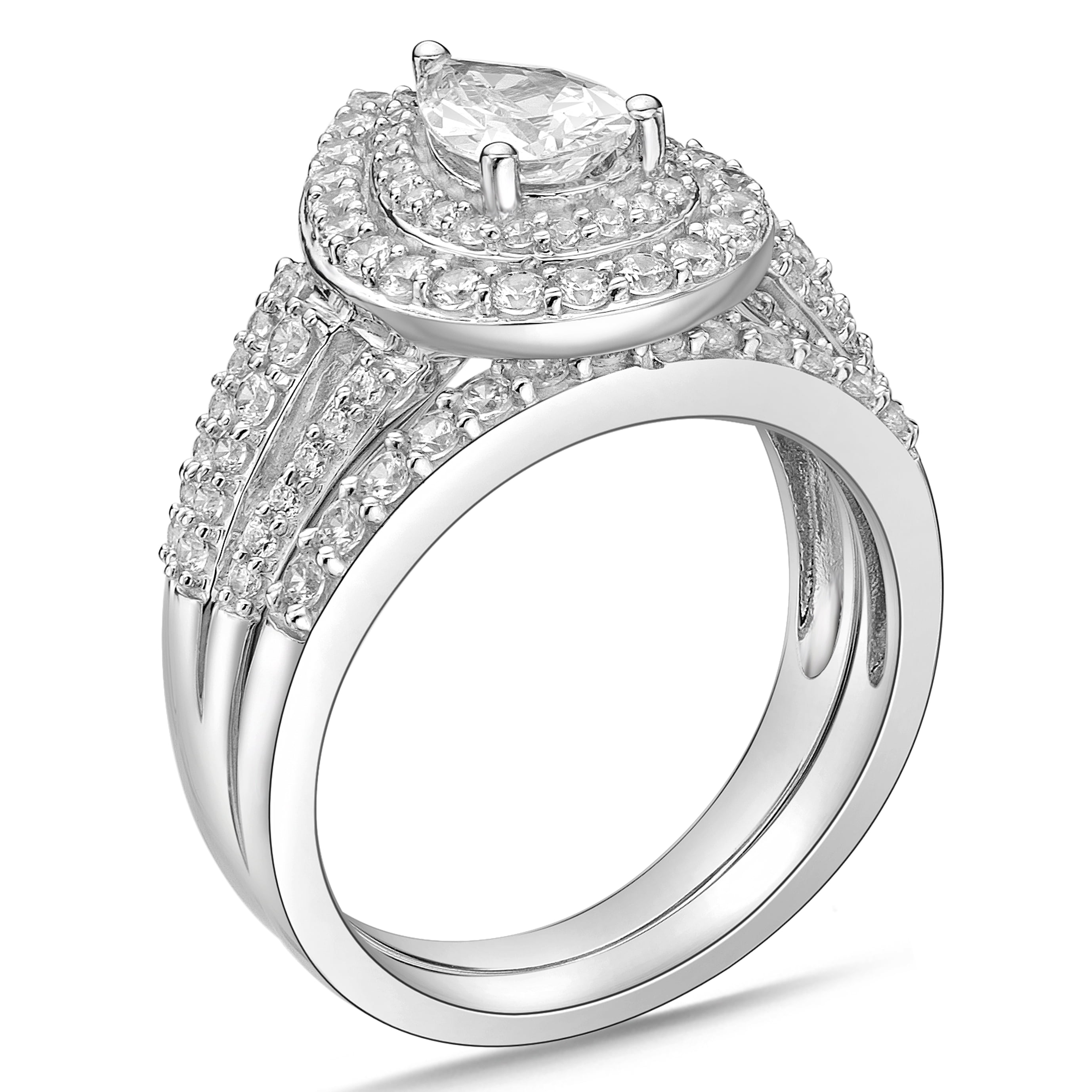 Sterling Silver Pear shape with Double Halo Simulated Diamond Bridal Set Rings