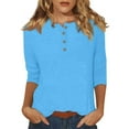 thumbnail image 2 of DENGDENG Women's Tops 3/4 Sleeve Dressy Round Neck Button Down T Shirts Casual Summer Elbow Sleeve Blouse Solid Color Three Quarter Length Shirts Spring Tunic Tops Cyan M, 2 of 5