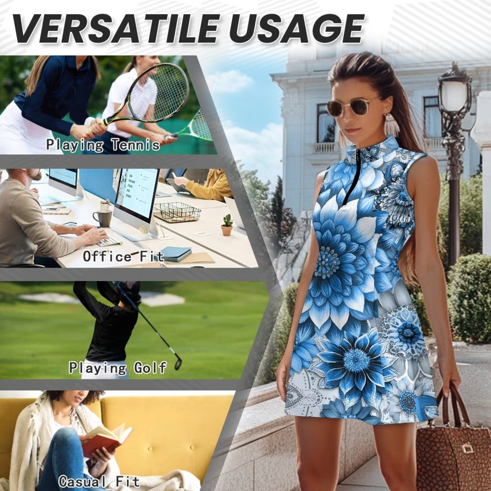 Yuyamidu Blue Boho Mandala Floral Golf Dresses for Women Moisture Wicking Workout Active Athletic Dresses with Shorts Workout Dress with Two Side Pockets Golf Outfit Size 2XL