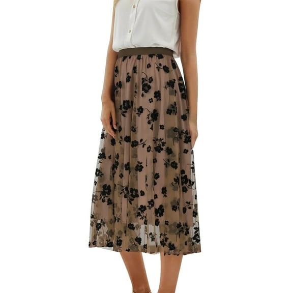 CZHGKM Womens Skirts Women Spring Summer Elastic High Waist Long Mesh Skirt Womens Pleated A Line Mini Skirt Brown