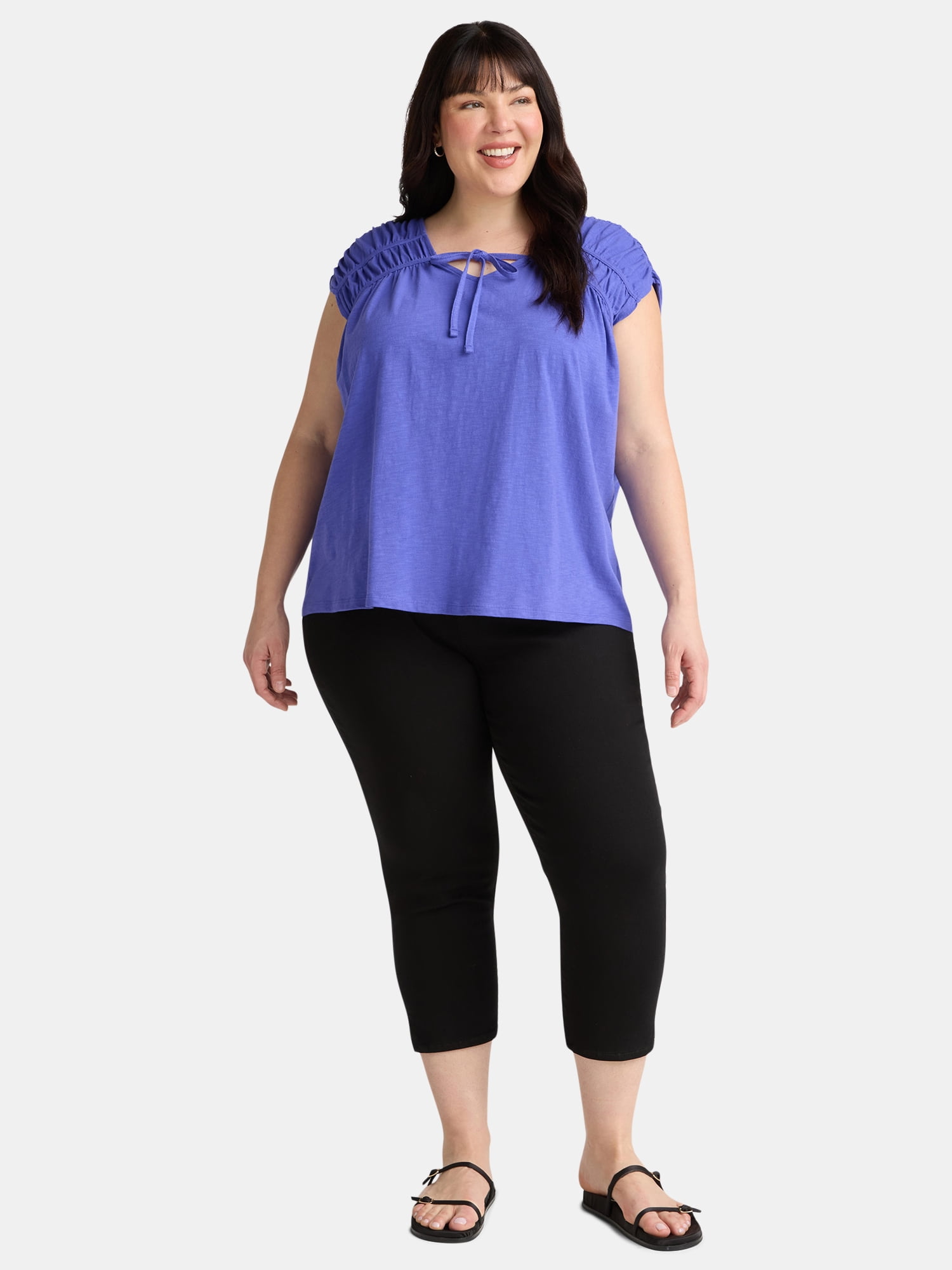 Terra & Sky Women's Plus Size Shirred Tie Top