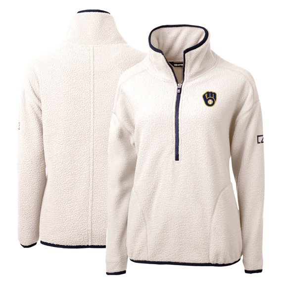 Women's Cutter & Buck White/Navy Milwaukee Brewers Cascade Eco Sherpa Fleece Quarter-Zip Pullover Jacket