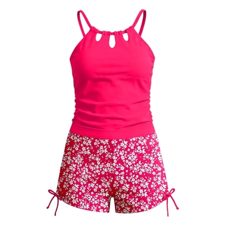 Gyujnb Girls Two Piece Swimsuit with Lace Up Hollow Out Tankini Top for Swim (Big Girls) 12 Years