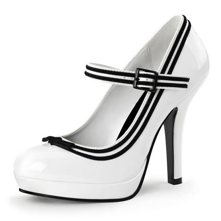 YDN Women Classic Platform Round Closed Toe Pumps Single Buckle Strap Spool High Heel Mary Jane Office Formal Wear Dressy Shoes Size 6 White