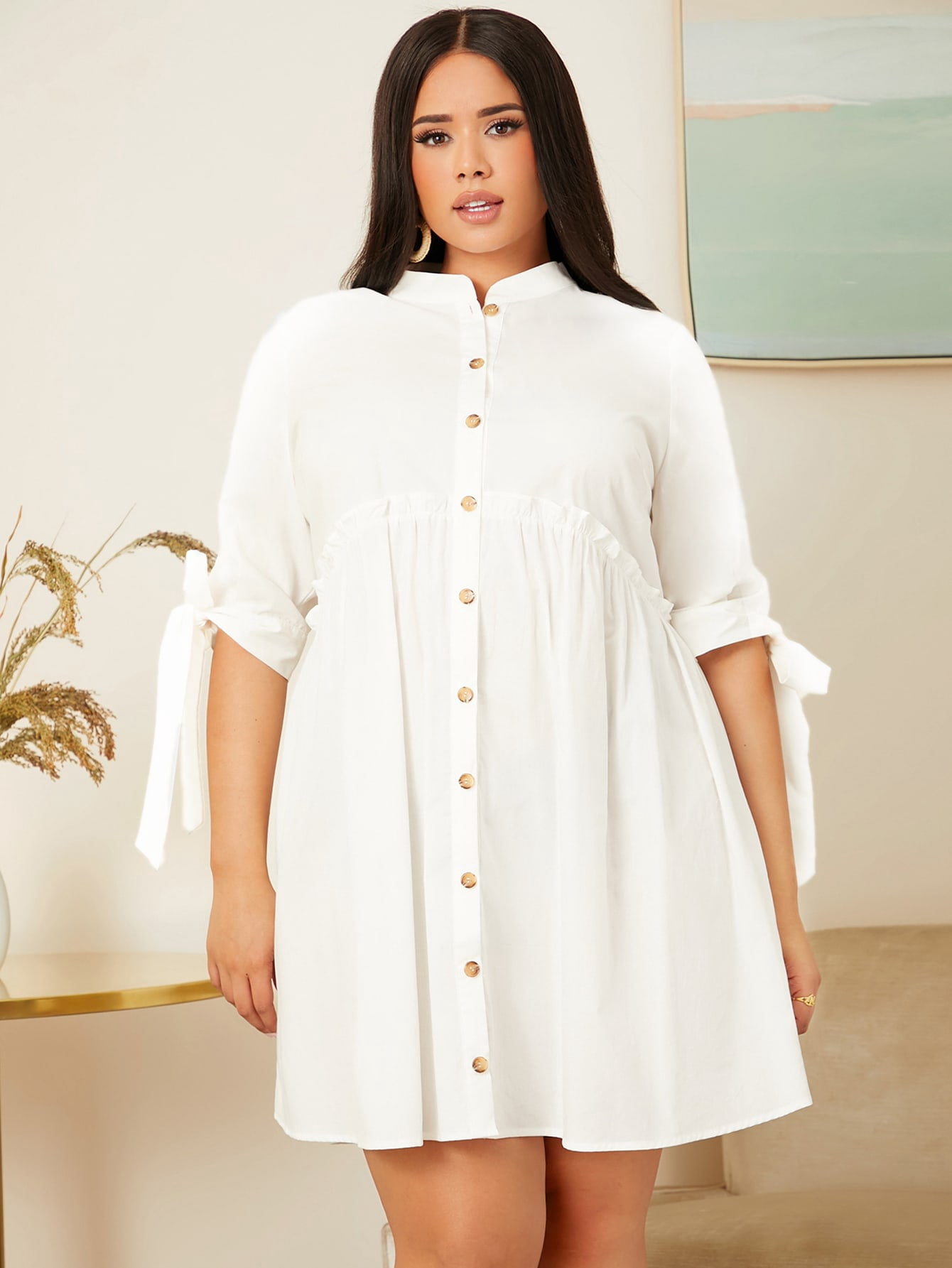 Women's Plus Size Mock Neck Button 