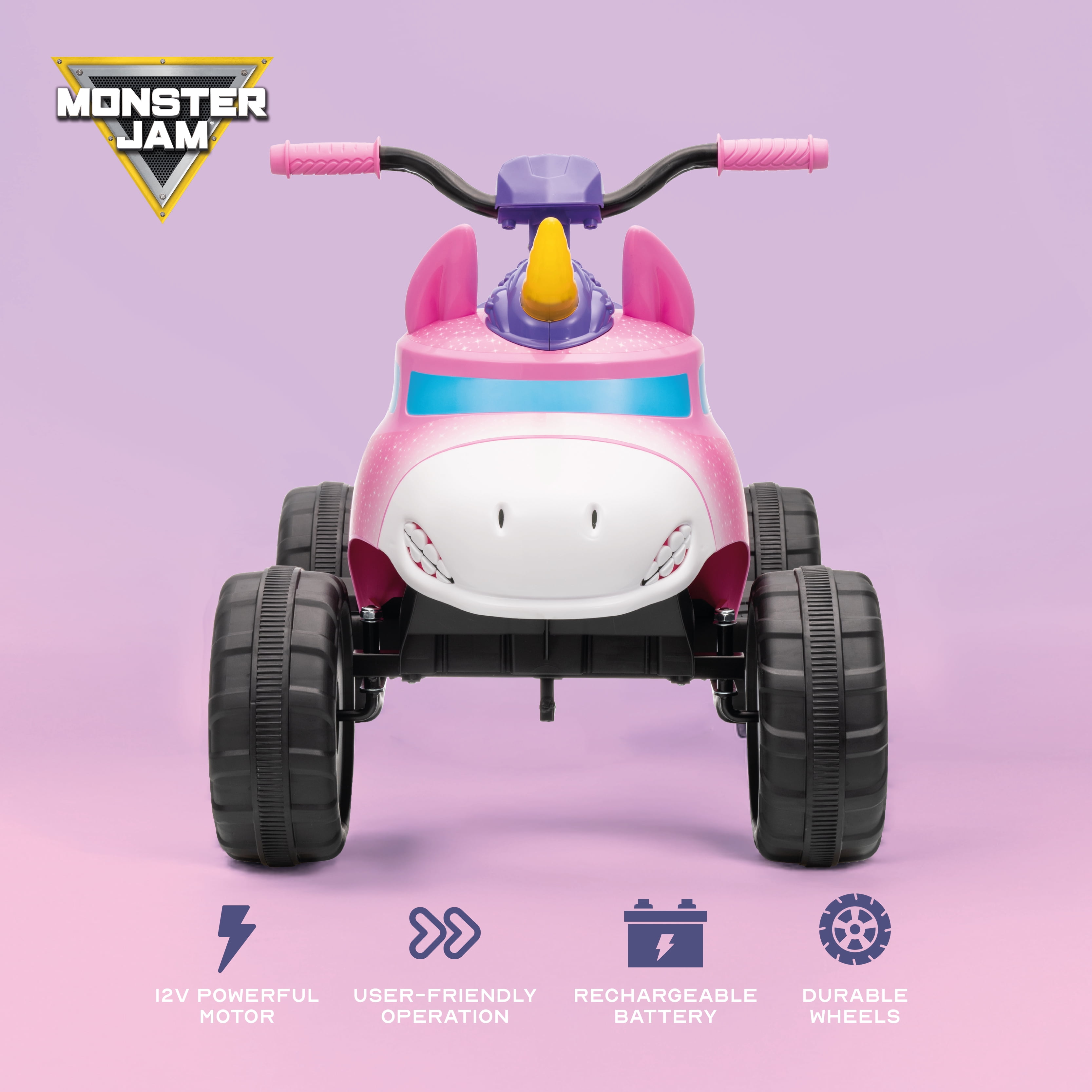 Monster Jam Sparkle Smash 12V Battery-Powered 1 Seat Ride-On ATV for Kids – Forward/Reverse Drive- 3.5 MPH, Rugged Wheels, Unicorn Design with Lights & Sounds