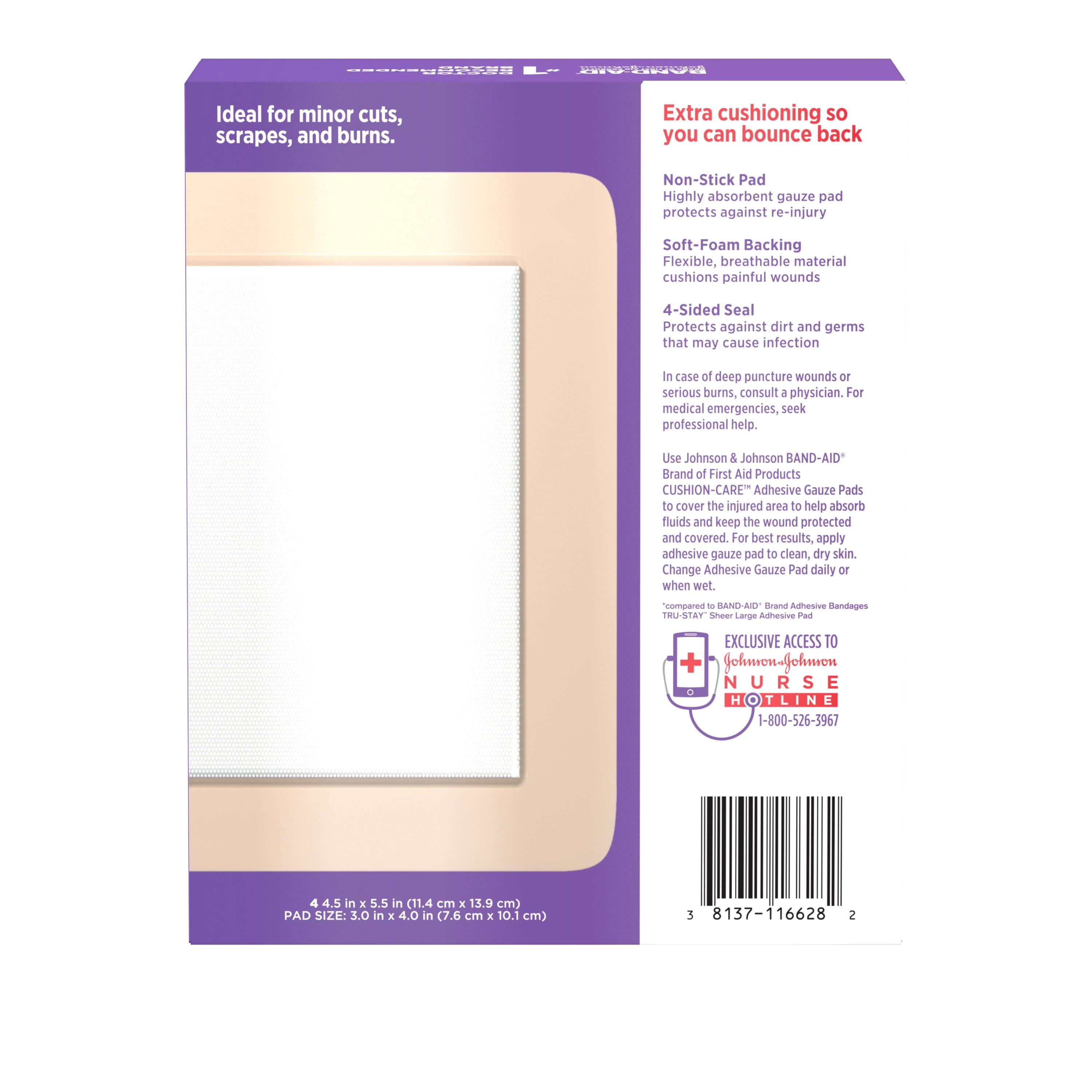 Band-Aid Brand First Aid Adhesive Gauze Pad, 4.5in x 5.5in, 4 ct