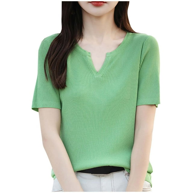 Timegard Hauts pour Femmes Tendance Été Décontracté Confortable Couleur Unie Manches Courtes Col Rond en V T-Shirts