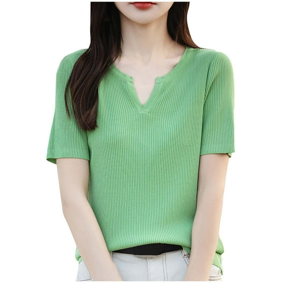 Youyipin Womens Tops Womens Puff Solid Color Short Sleeve Sweater Casual Summer Crew Neck Pullover Tops Ribbed Knit Sweater Blouse Basic Tees For Women