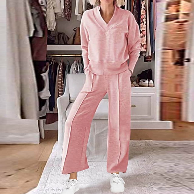 Timdgard Fall Outfits for Women Plus Size V Neck Long Sleeve Pullover Sweatpants Sweatsuit Workout Sets