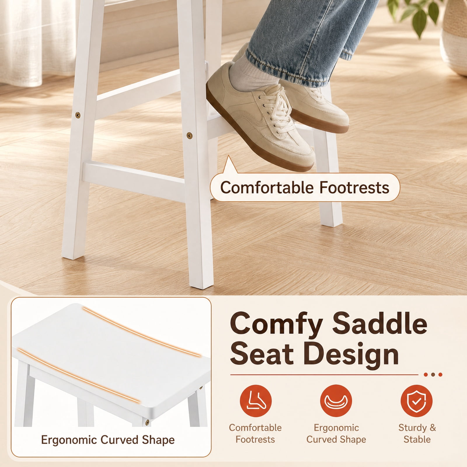 Furnibear Set of 2 Saddle Seat Counter Height Stools with Curved Seat and Footrests