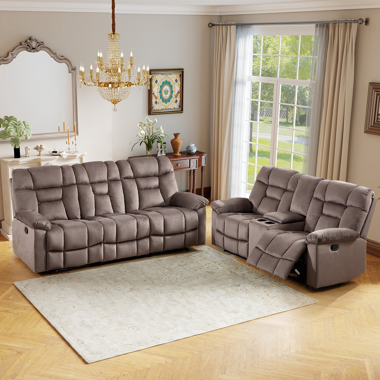 Bonzy Home Recliner Sofa Set — Reclining Loveseat & 3-Seat Sofa with Center Storage, Cup Holders & Wide Backrests, Brown