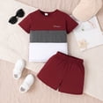 thumbnail image 2 of WUANDIXFA Toddler Kid Boy Clothes Colorblock Letter Graphic Tee Shorts 2PC Summer Outfit Set (Wine, 2-3 Years), 2 of 7