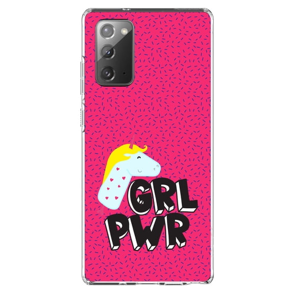 DistinctInk Clear Shockproof Hybrid Case for Samsung Galaxy Note 20 (6.7" Screen) - TPU Bumper, Acrylic Back, Tempered Glass Screen Protector - Girl Power - GRL PWR - Unicorn Pink Background