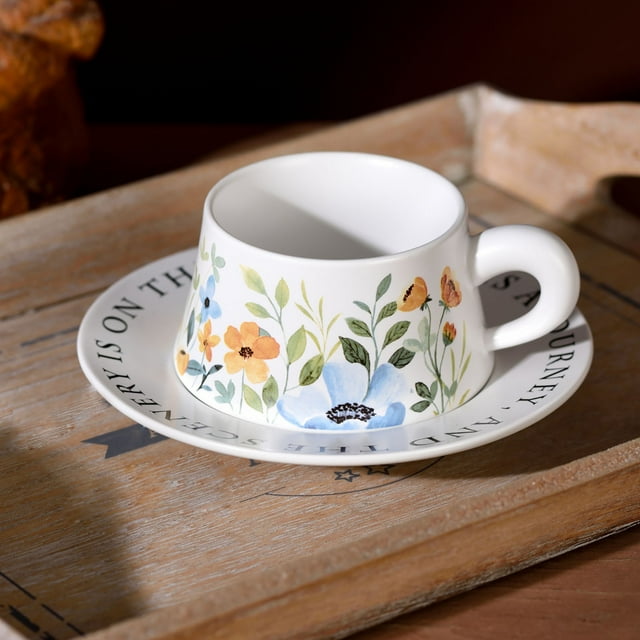 85oz Chinese Floral Ceramic Coffee Cup Set Style White Orange Porcelain Tea Cup Elegant Design