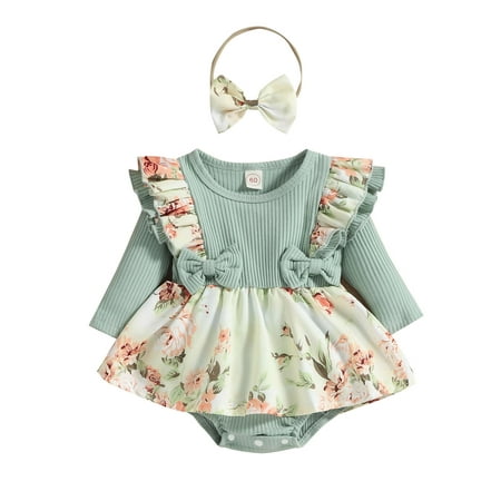 

Onesie Baby Jumpsuit Girls Ruffles Long Sleeve Ribbed Floral Prints Bowknot Romper Bodysuits Dress Headbands Set Kid Child Fashion Baby jumpsuits