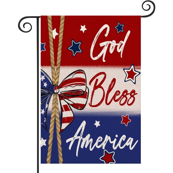 Patriotic God Bless America 4th July Blue Garden Flag 12 x 18 Inch Double Sided Burlap Outdoor Decor