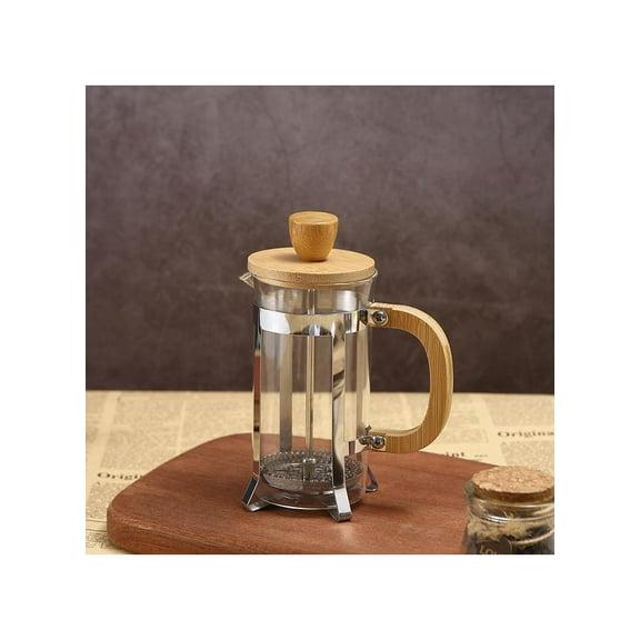 Press Infuser Bamboo Cover With Coffee Pot Clear/Brown/Silver 17.5x8.5cm，French Press Coffee/Tea Maker Single Cup Espresso Press Stainless Steel Filter 0.35L