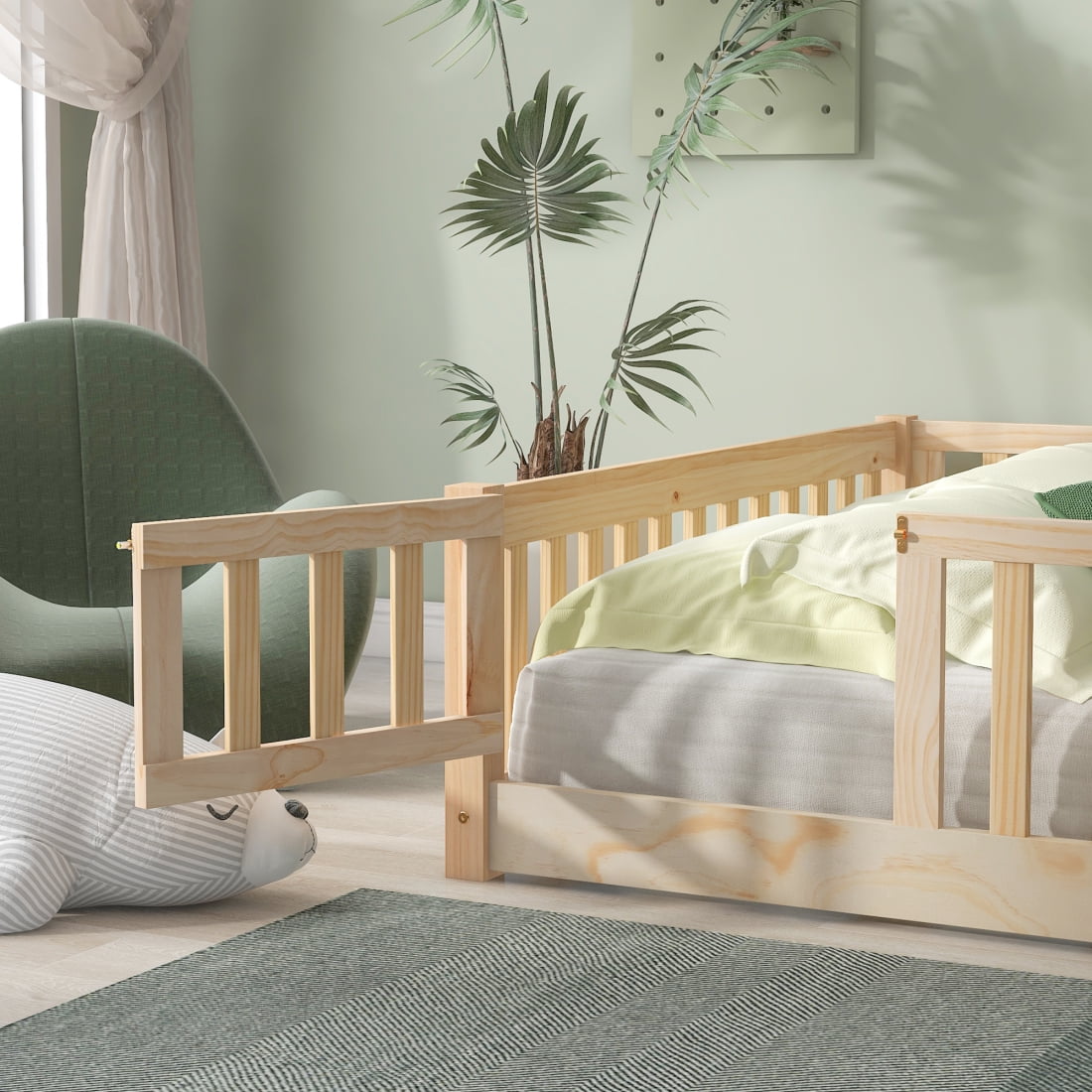Full Size Floor Bed, Wood Platform Bed with Fence and Door, Montessori Bed Frame with Slats Support, Playhouse Bed with Door Design, Natural