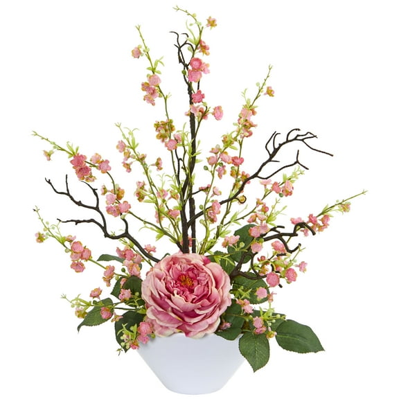 Nearly Natural Rose & Cherry Blossom Artificial Flower Arrangement, Pink