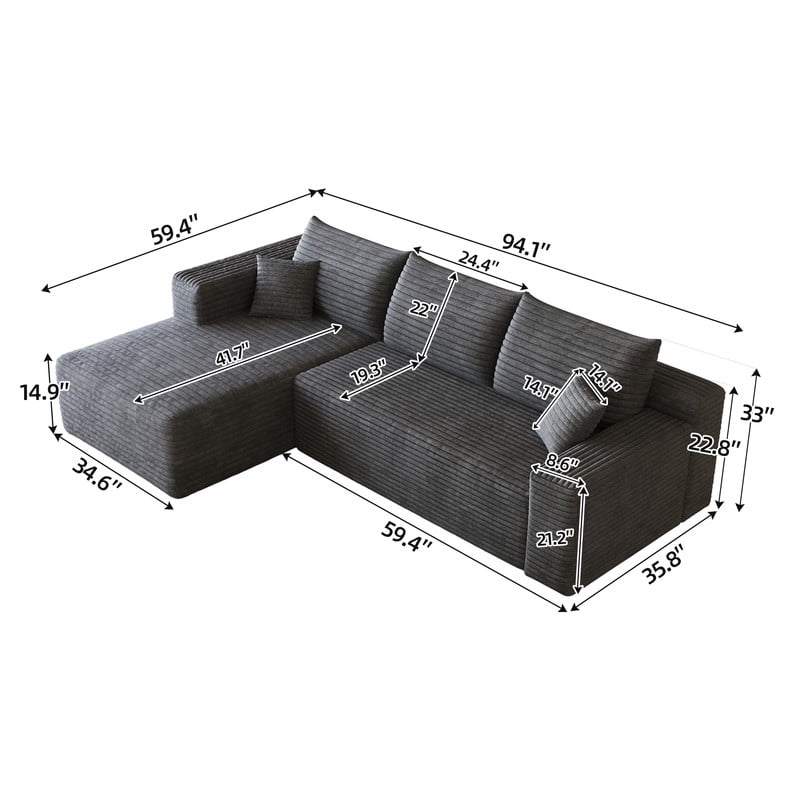 94" Modular Sectional Sofa, Modern Corduroy Cloud Couch with Side Pockets, Boneless Couch Upholstered 3-Seater L-Shaped Sofa for Living Room, Left Facing Chaise